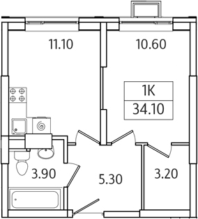 Планировка — Видный Берег 2.0, 1-комн., 34 м²