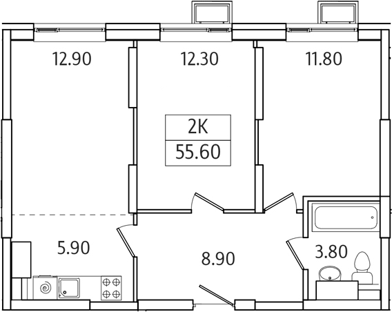 Планировка — Видный Берег 2.0, 2-комн., 56 м²