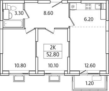 Планировка — Видный Берег 2.0, 2-комн., 52 м²