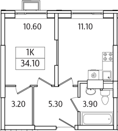 Планировка — Видный Берег 2.0, 1-комн., 34 м²