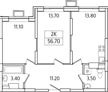 Планировка — Видный Берег 2.0, 2-комн., 57 м²