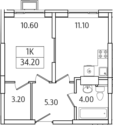 Планировка — Видный Берег 2.0, 1-комн., 34 м²