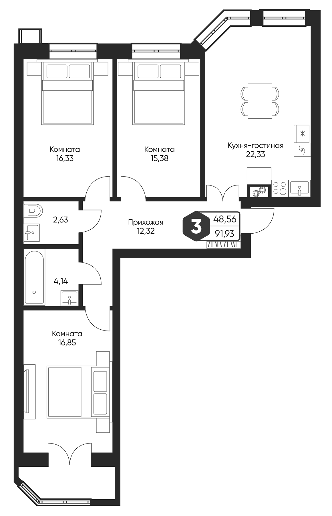 Планировка — Мечта квартал Дружба, 4-комн., 90 м²