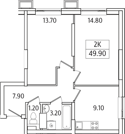 Планировка — Видный Берег 2.0, 2-комн., 50 м²