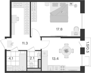 Планировка — Театральный, 1-комн., 49 м²