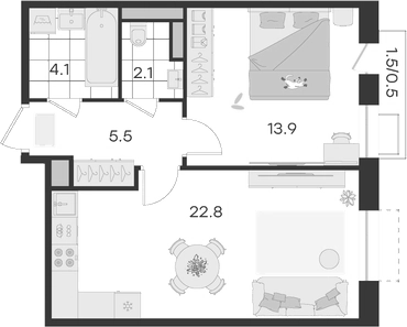 Планировка — Театральный, 2-комн., 48 м²