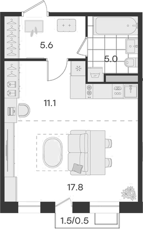 Планировка — Театральный, Студия, 40 м²
