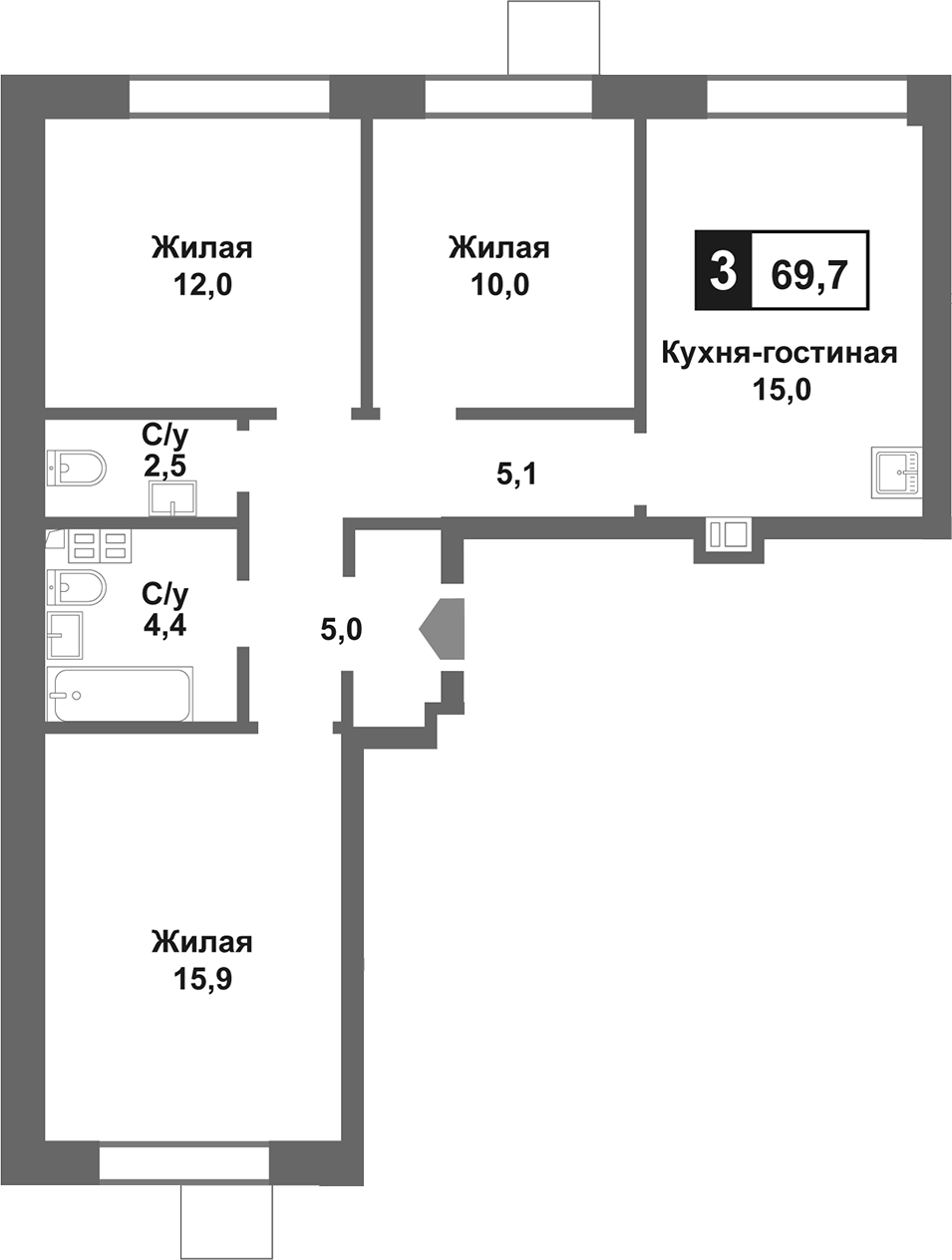 Планировка — Лесная Отрада, 4-комн., 68 м²
