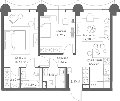 Планировка — МИРА, 3-комн., 63 м²