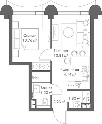 Планировка — МИРА, 2-комн., 33 м²