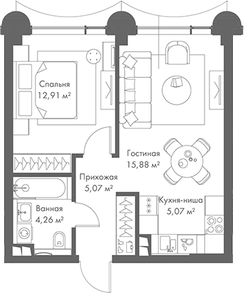 Планировка — МИРА, 2-комн., 43 м²