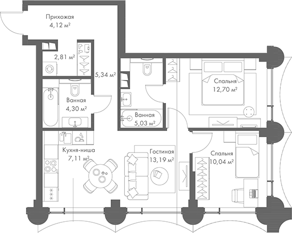 Планировка — МИРА, 3-комн., 65 м²
