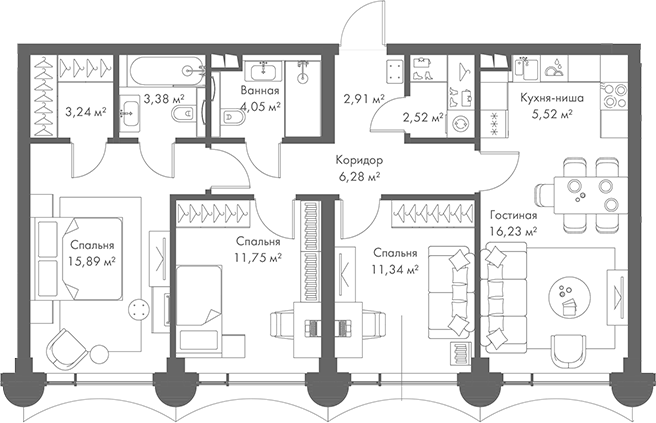 Планировка — МИРА, 4-комн., 83 м²