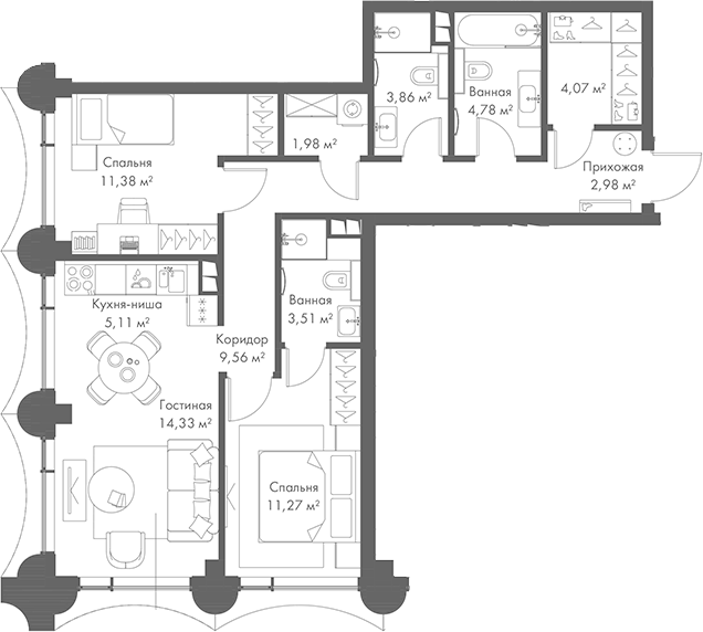 Планировка — МИРА, 3-комн., 73 м²