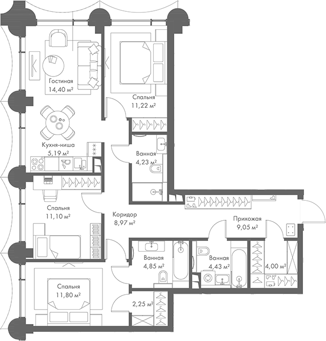 Планировка — МИРА, 4-комн., 91 м²