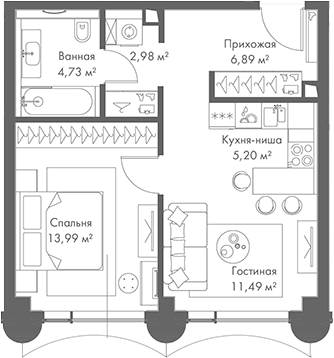 Планировка — МИРА, 2-комн., 45 м²