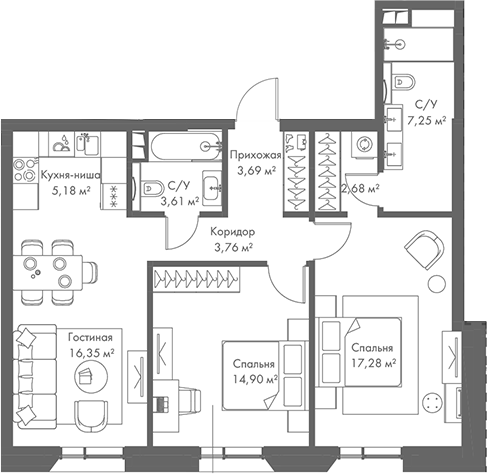 Планировка — МИРА, 3-комн., 75 м²