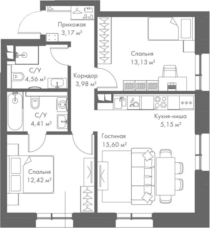 Планировка — МИРА, 3-комн., 62 м²