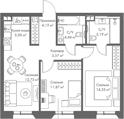 Планировка — МИРА, 3-комн., 61 м²