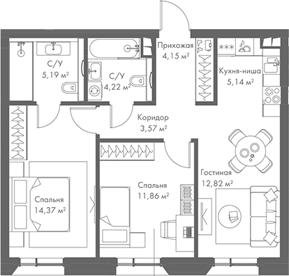 Планировка — МИРА, 3-комн., 61 м²