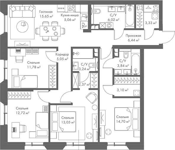 Планировка — МИРА, 5-комн., 106 м²