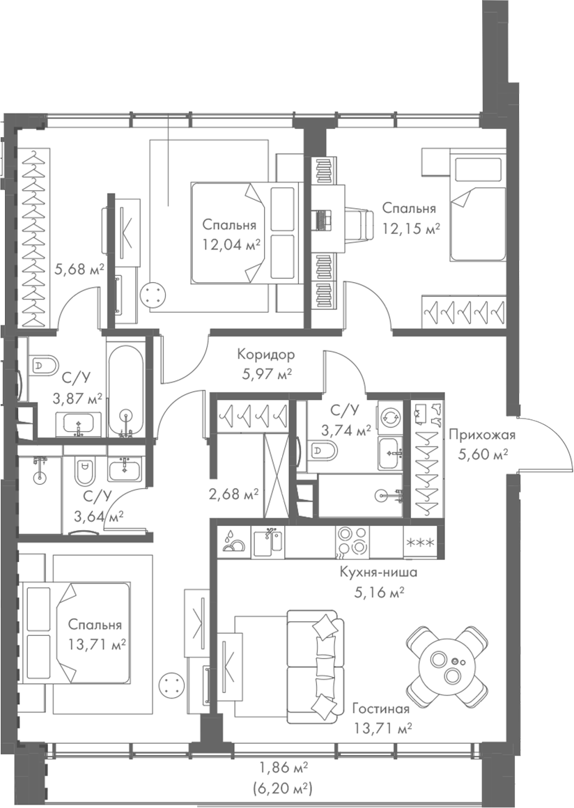 Планировка — МИРА, 4-комн., 88 м²
