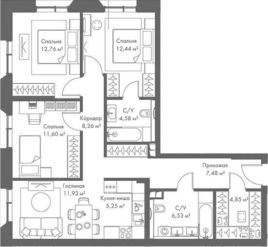 Планировка — МИРА, 4-комн., 86 м²