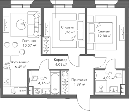 Планировка — МИРА, 3-комн., 58 м²