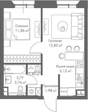 Планировка — МИРА, 2-комн., 39 м²