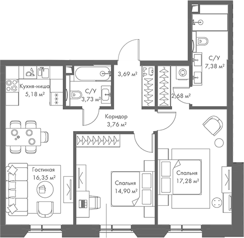 Планировка — МИРА, 3-комн., 75 м²