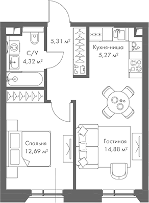 Планировка — МИРА, 2-комн., 42 м²