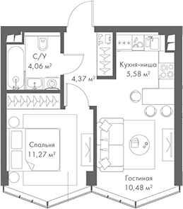 Планировка — МИРА, 2-комн., 36 м²