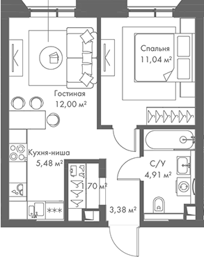 Планировка — МИРА, 2-комн., 39 м²