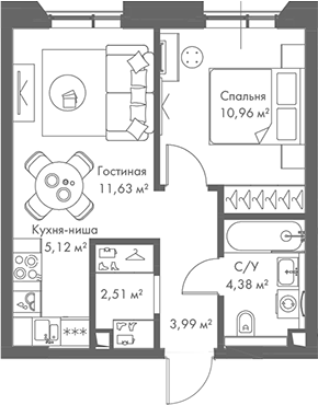 Планировка — МИРА, 2-комн., 39 м²