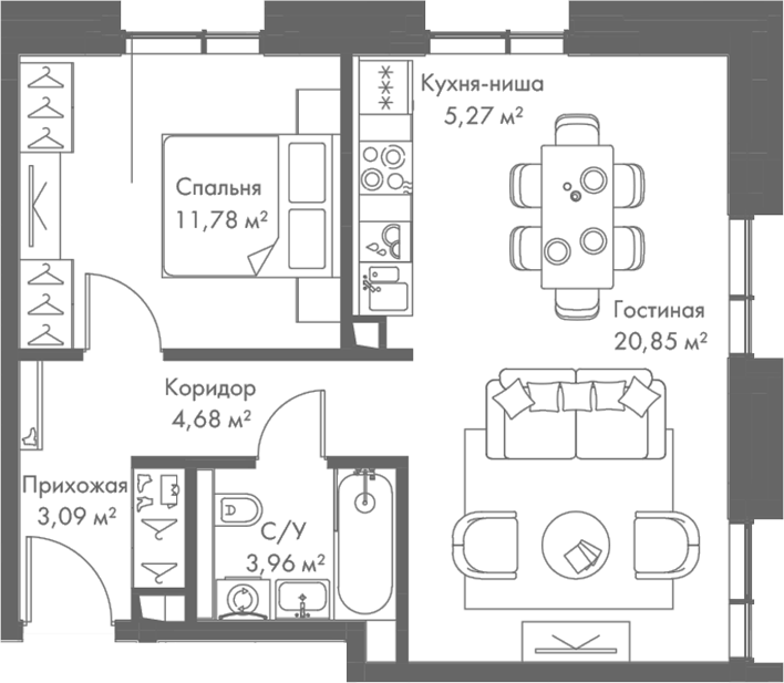 Планировка — МИРА, 2-комн., 50 м²