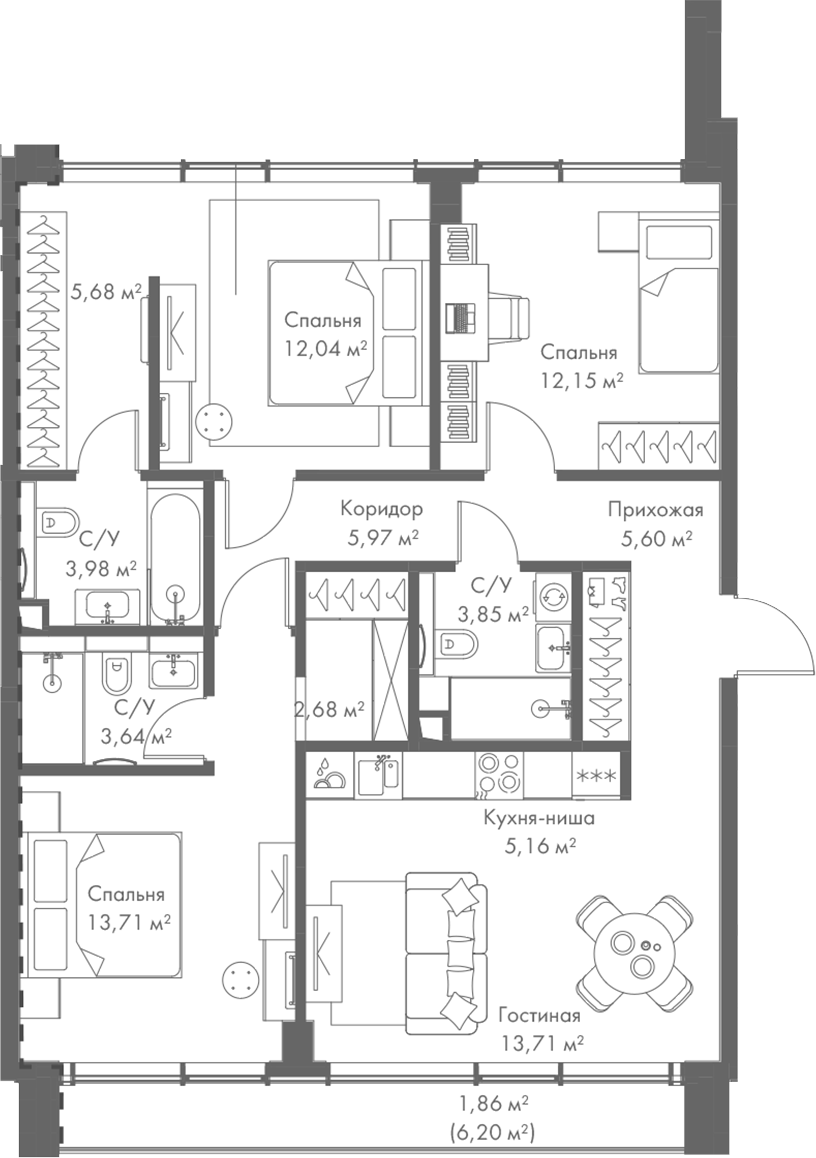 Планировка — МИРА, 4-комн., 88 м²