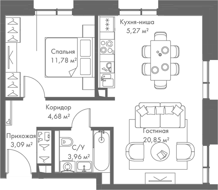 Планировка — МИРА, 2-комн., 50 м²