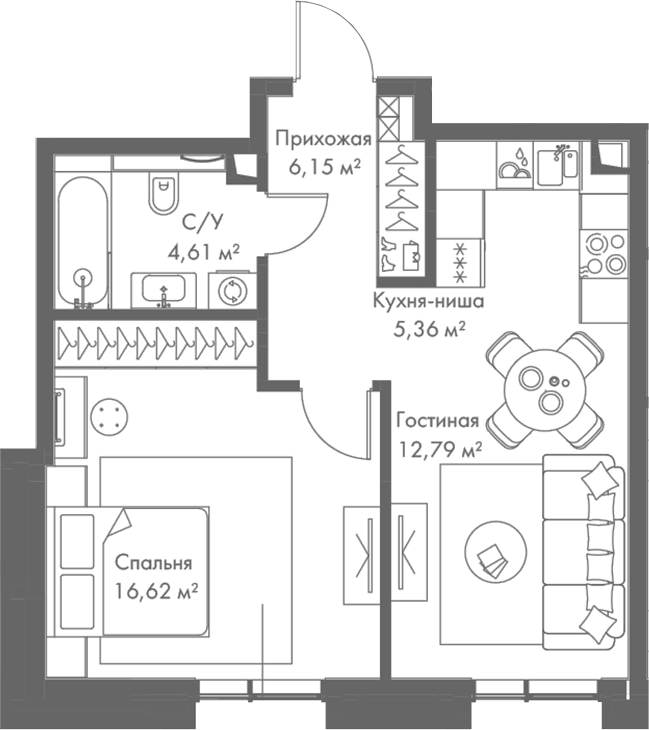 Планировка — МИРА, 2-комн., 46 м²