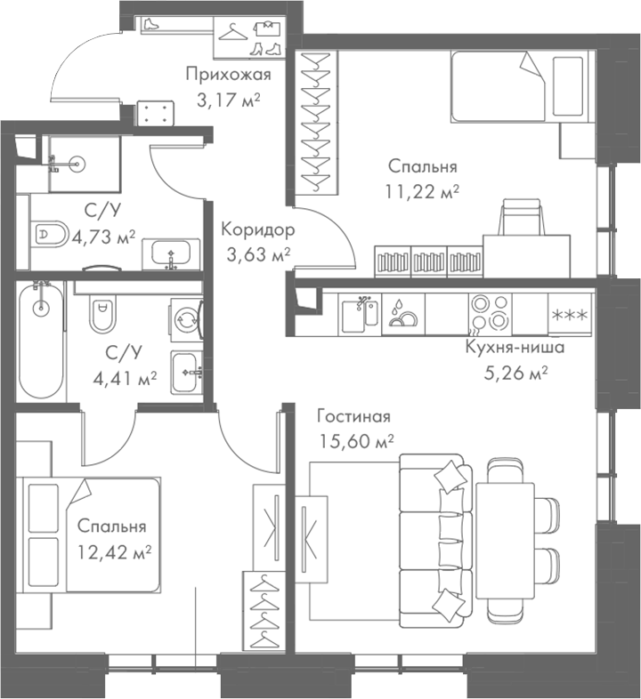 Планировка — МИРА, 3-комн., 63 м²