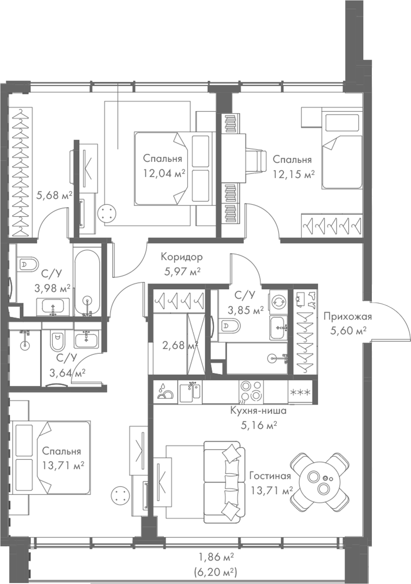 Планировка — МИРА, 4-комн., 88 м²