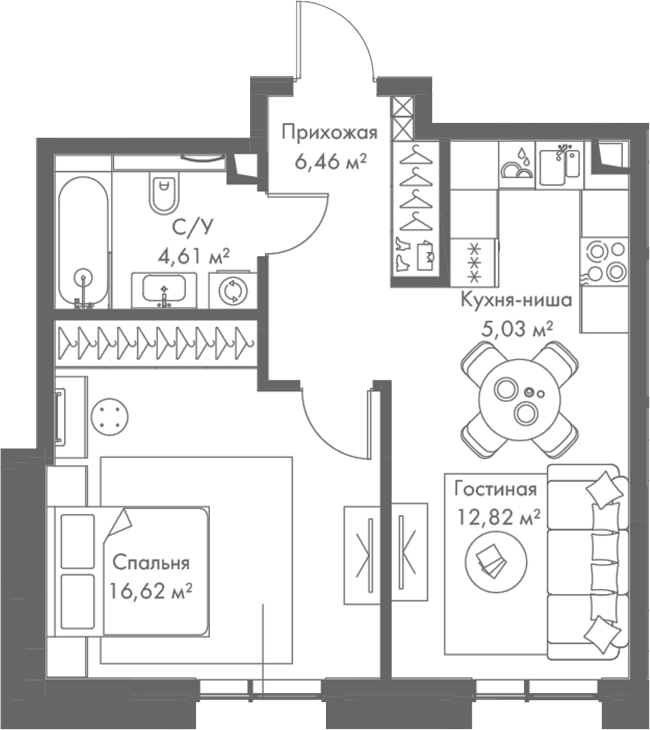 Планировка — МИРА, 2-комн., 46 м²