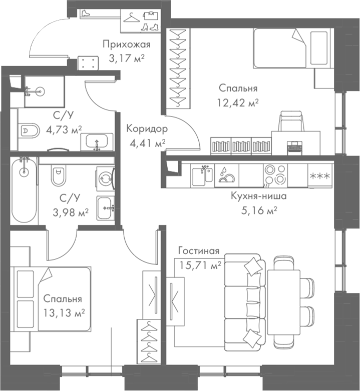 Планировка — МИРА, 3-комн., 63 м²