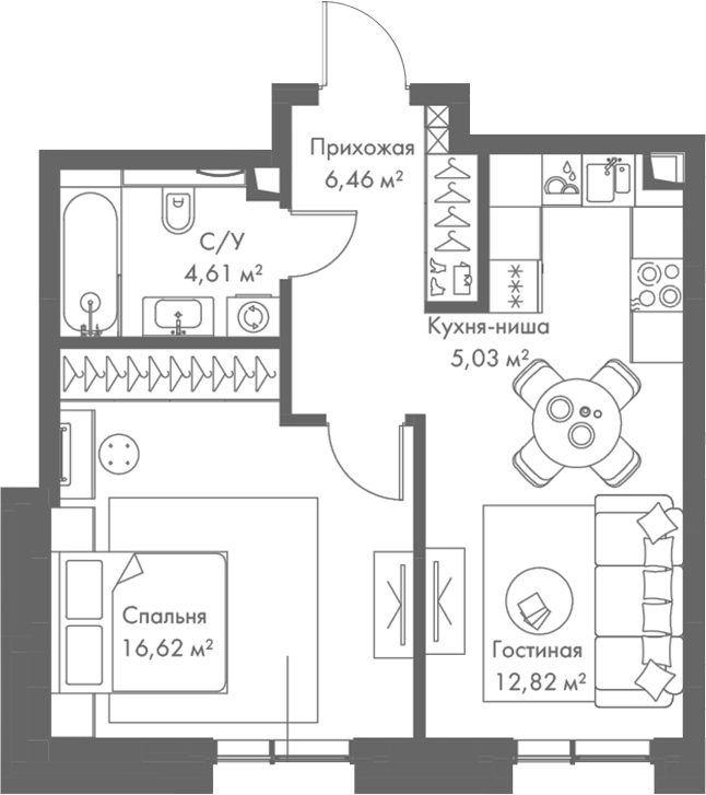 Планировка — МИРА, 2-комн., 46 м²