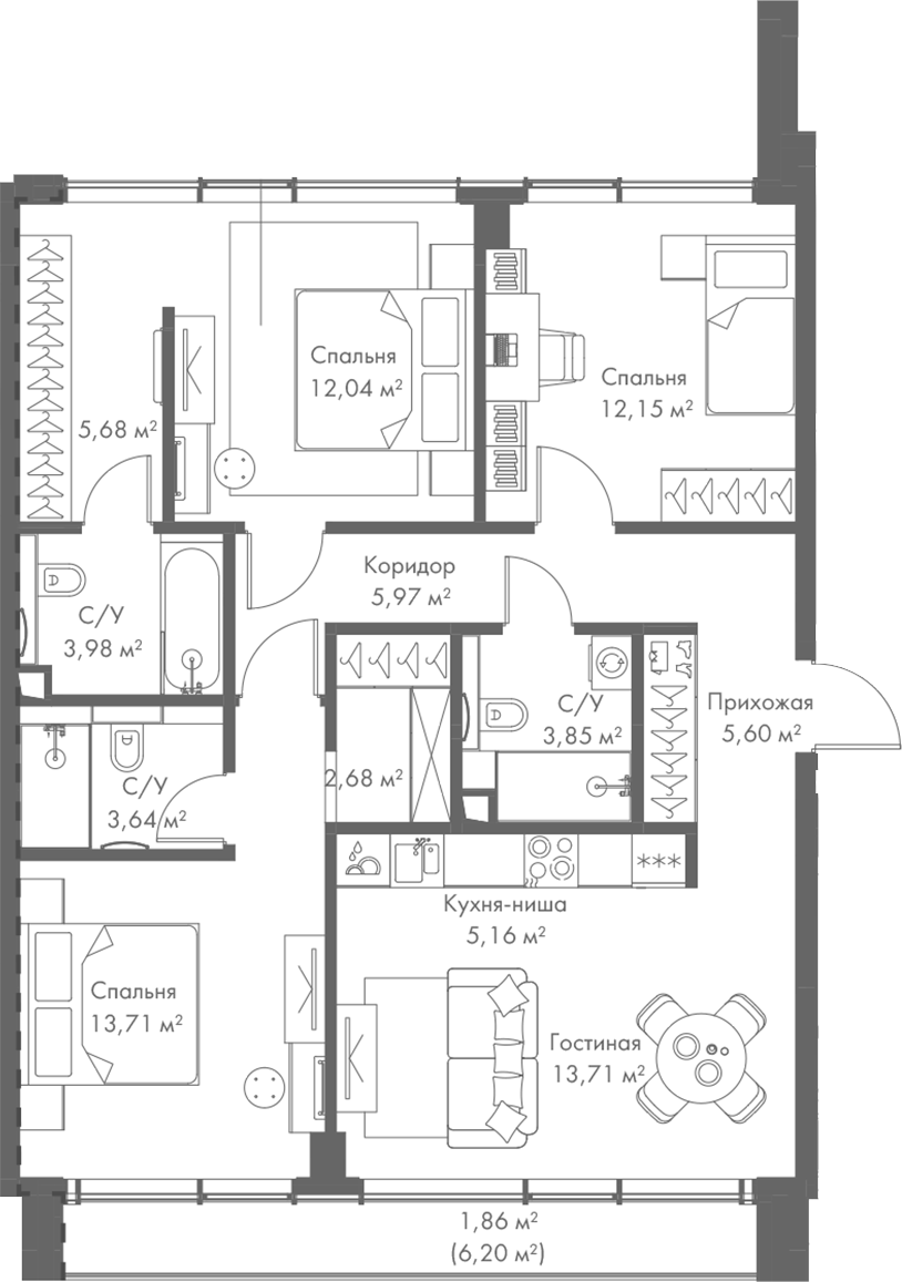 Планировка — МИРА, 4-комн., 88 м²