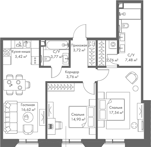 Планировка — МИРА, 3-комн., 76 м²