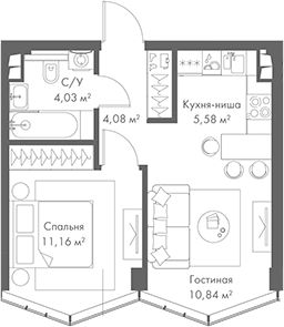 Планировка — МИРА, 2-комн., 36 м²