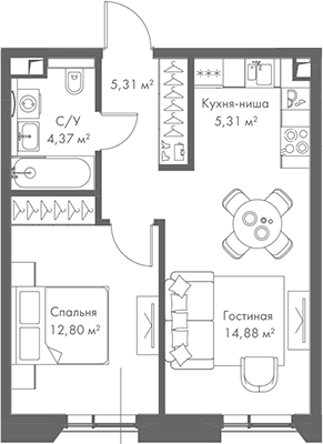 Планировка — МИРА, 2-комн., 43 м²