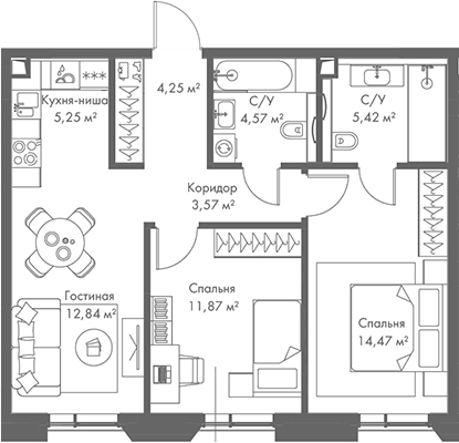 Планировка — МИРА, 3-комн., 62 м²