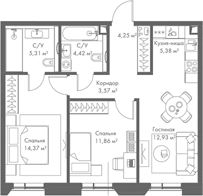 Планировка — МИРА, 3-комн., 62 м²
