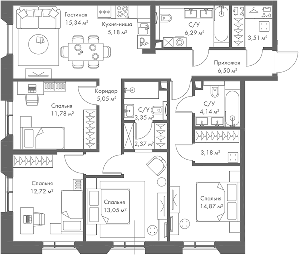 Планировка — МИРА, 5-комн., 107 м²